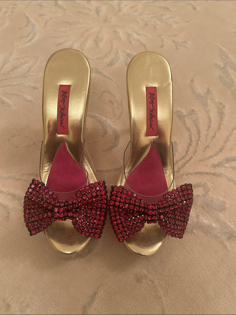 Betsey Johnson “Polly” Heels with Pink Crystal Bow Accents